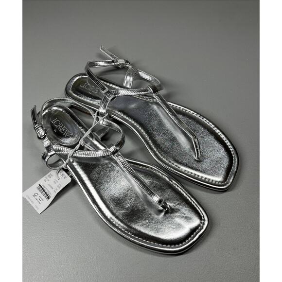 J Crew Factory Ankle Strap Thong Sandals Womens 10 M Silver Flat - Picture 2 of 8